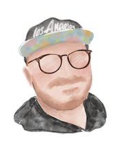 Watercolor illustration of Adam Linder.